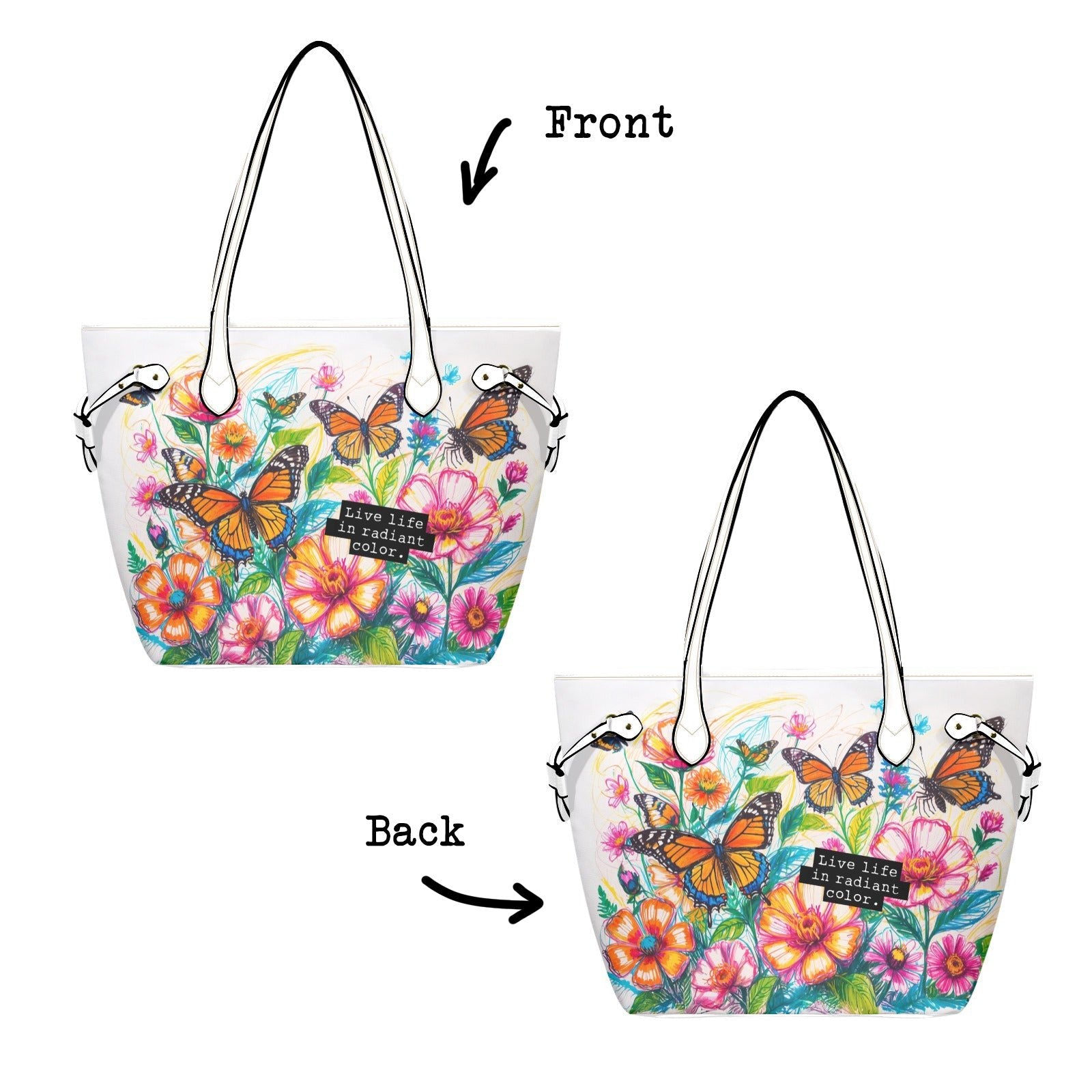 Vibrant Butterfly & Floral Tote Bag - PU Leather Carryall - LucyKay store