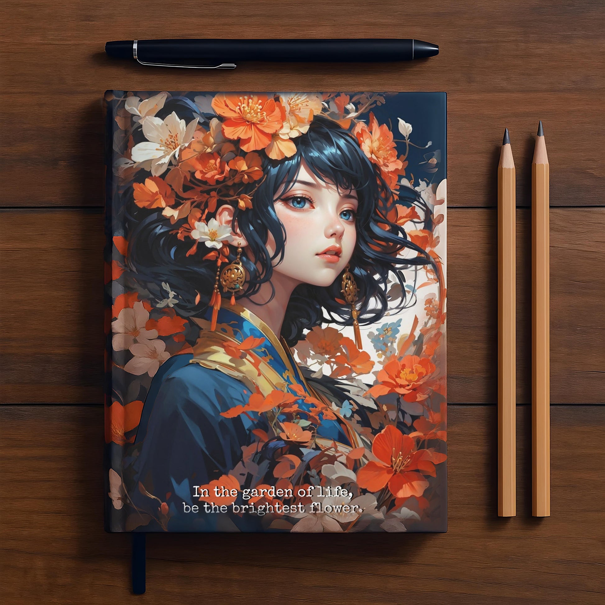 Hardcover Journal Matte - Japanese Girl in Kimono Floral Art Notebook, A5 - LucyKay store