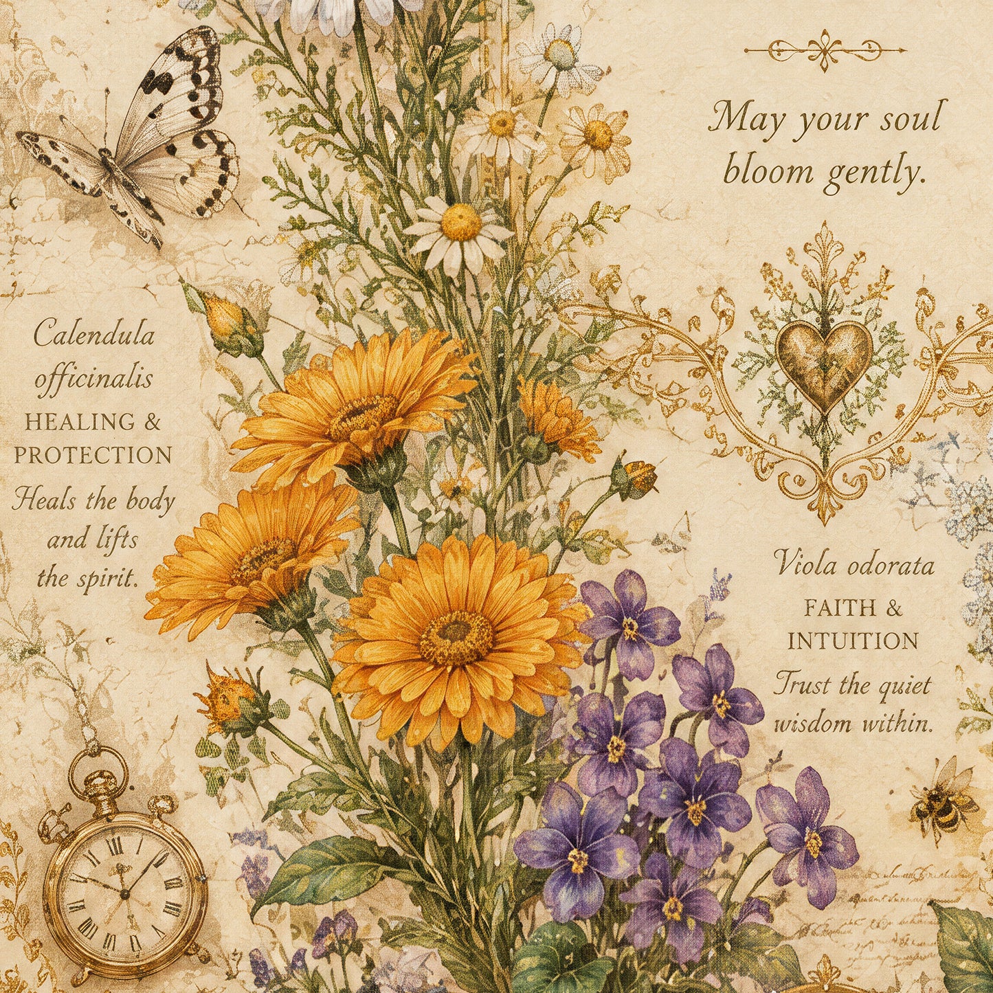 Vintage-style illustration with flowers, butterfly, and pocket watch on a textured background.