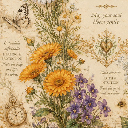 Vintage-style illustration with flowers, butterfly, and pocket watch on a textured background.