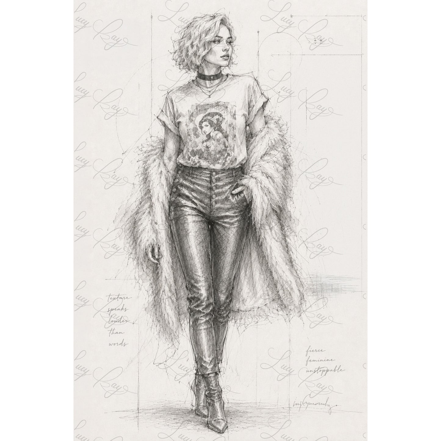 Pencil drawing of a person wearing a graphic t-shirt and leather pants on a textured white background.