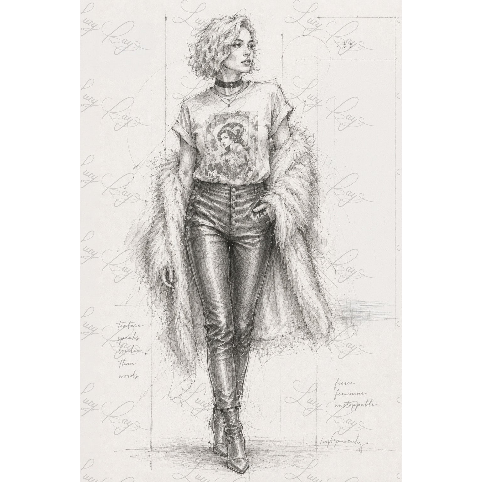 Pencil drawing of a person wearing a graphic t-shirt and leather pants on a textured white background.