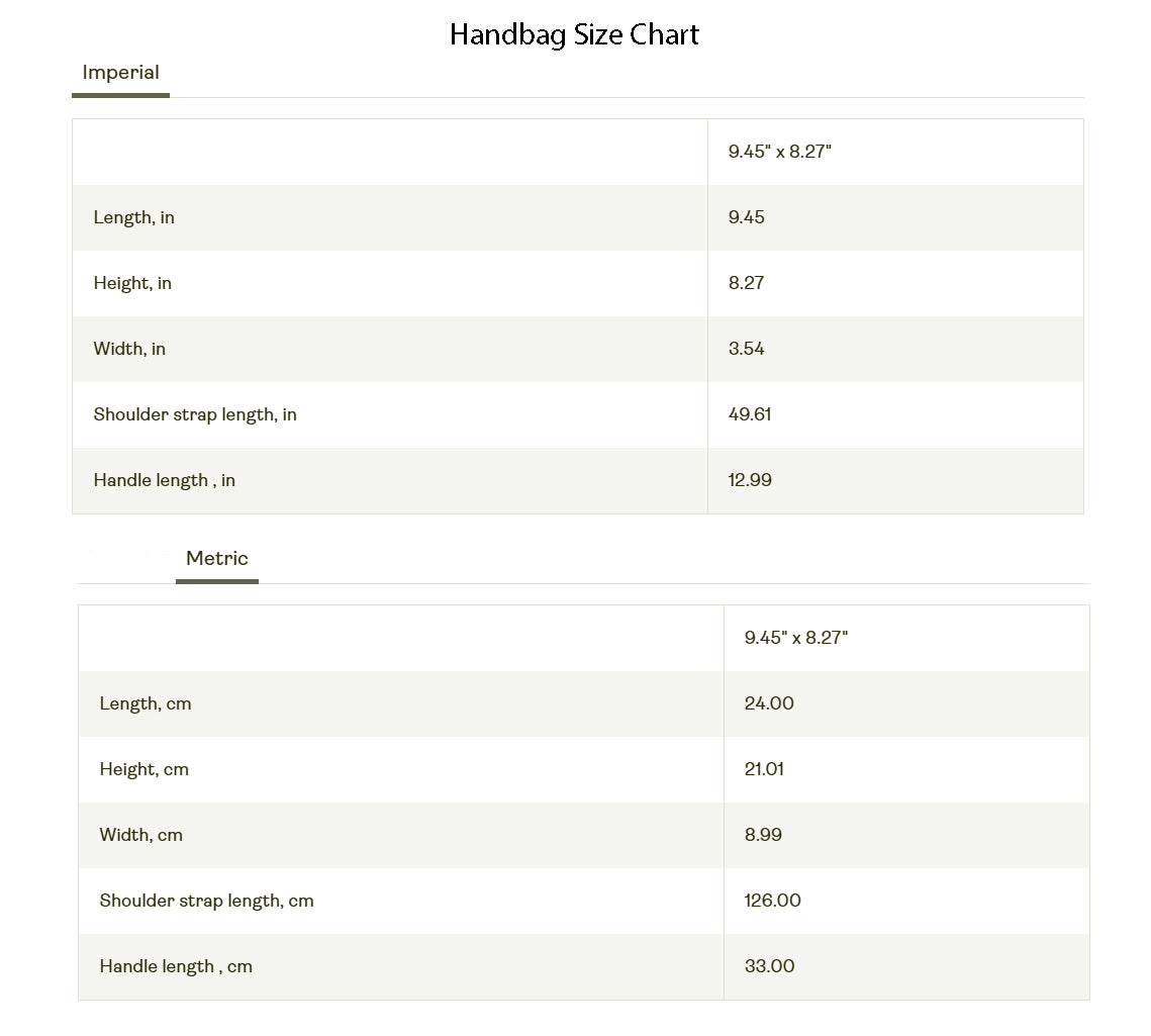 Handbag size chart comparing imperial and metric measurements