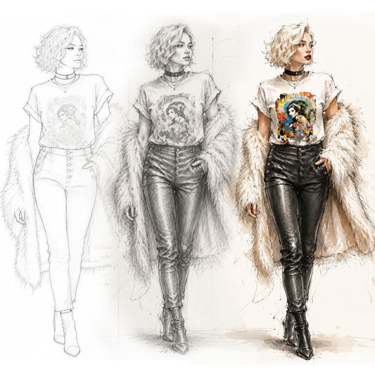 Fashion illustration of a woman wearing a graphic t-shirt and leather pants with a fur coat.