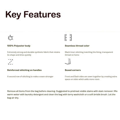 Key features of a product listed with icons and text on a white background