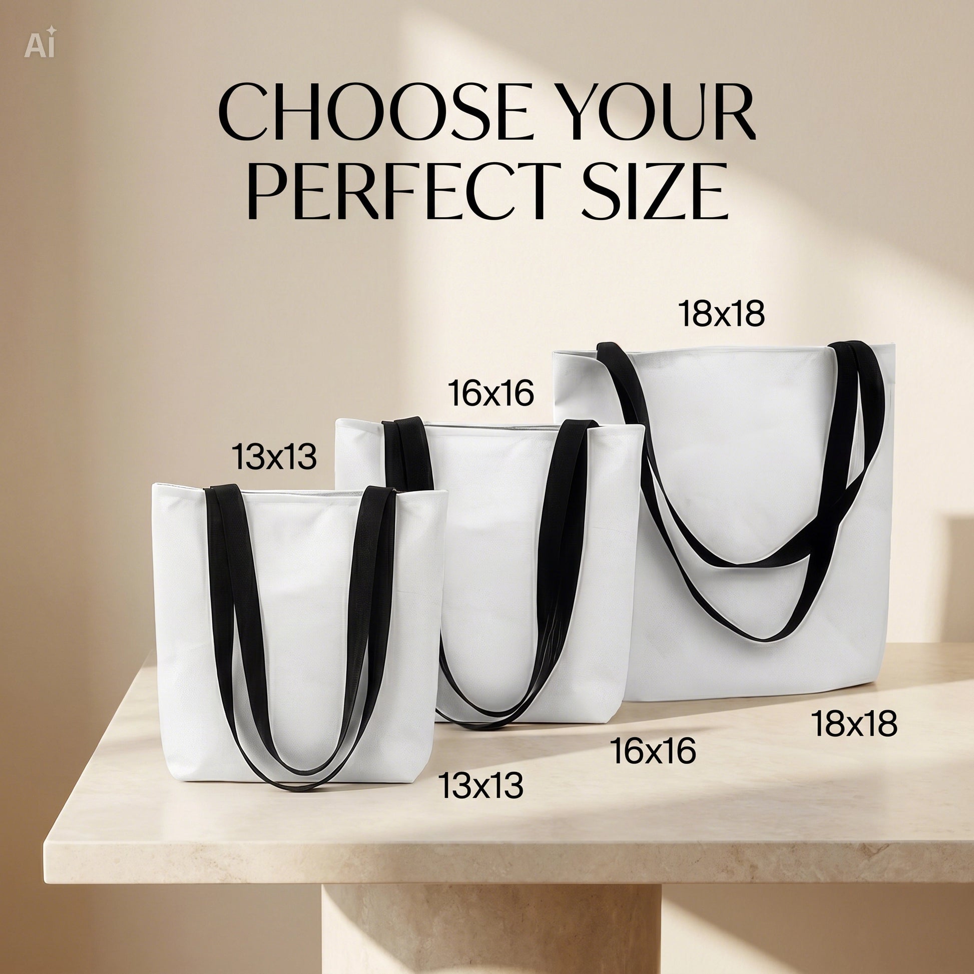 White tote bags with black handles on a beige surface, showing different sizes.