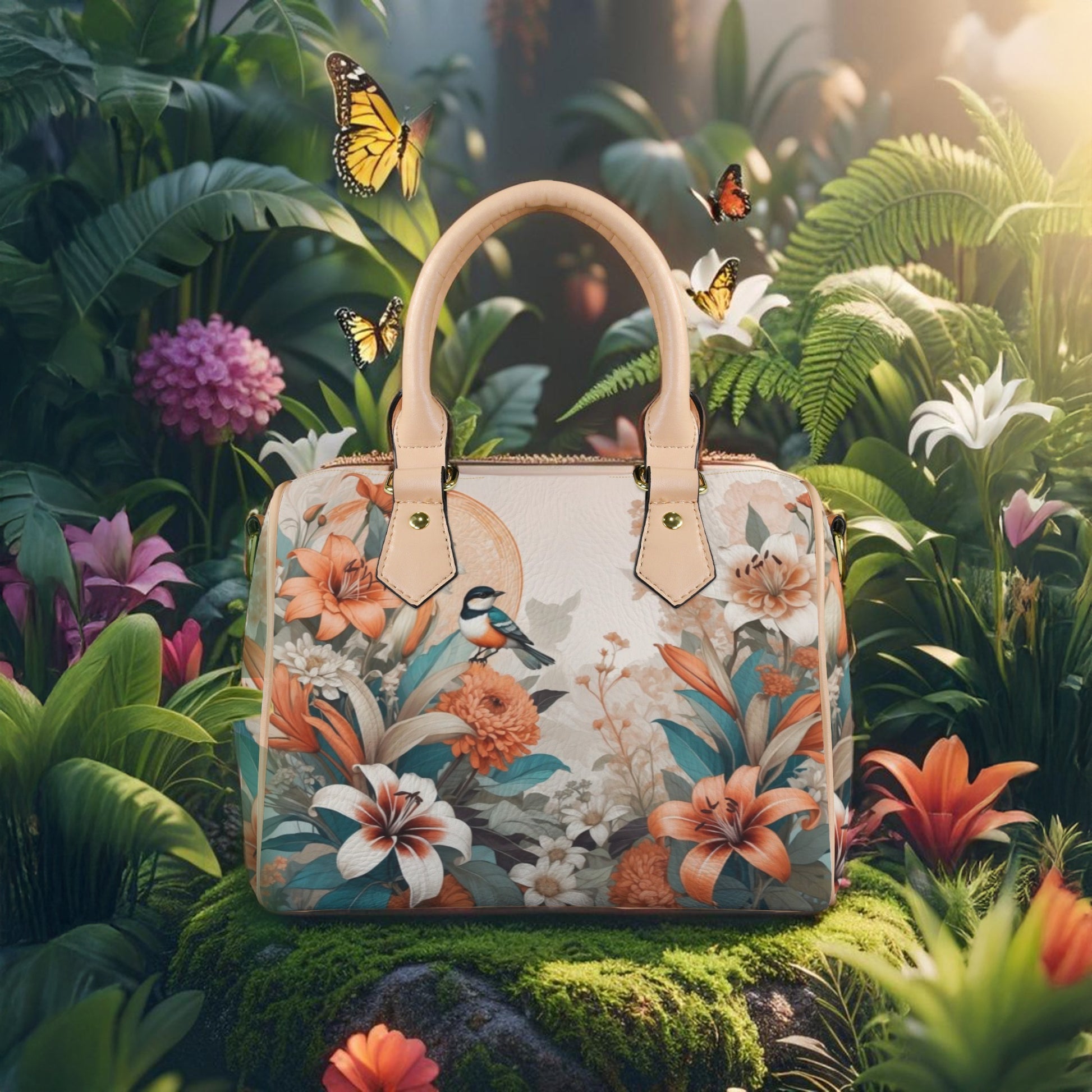 Elegant PU Leather Handbag with Floral & Bird Print - LucyKay store