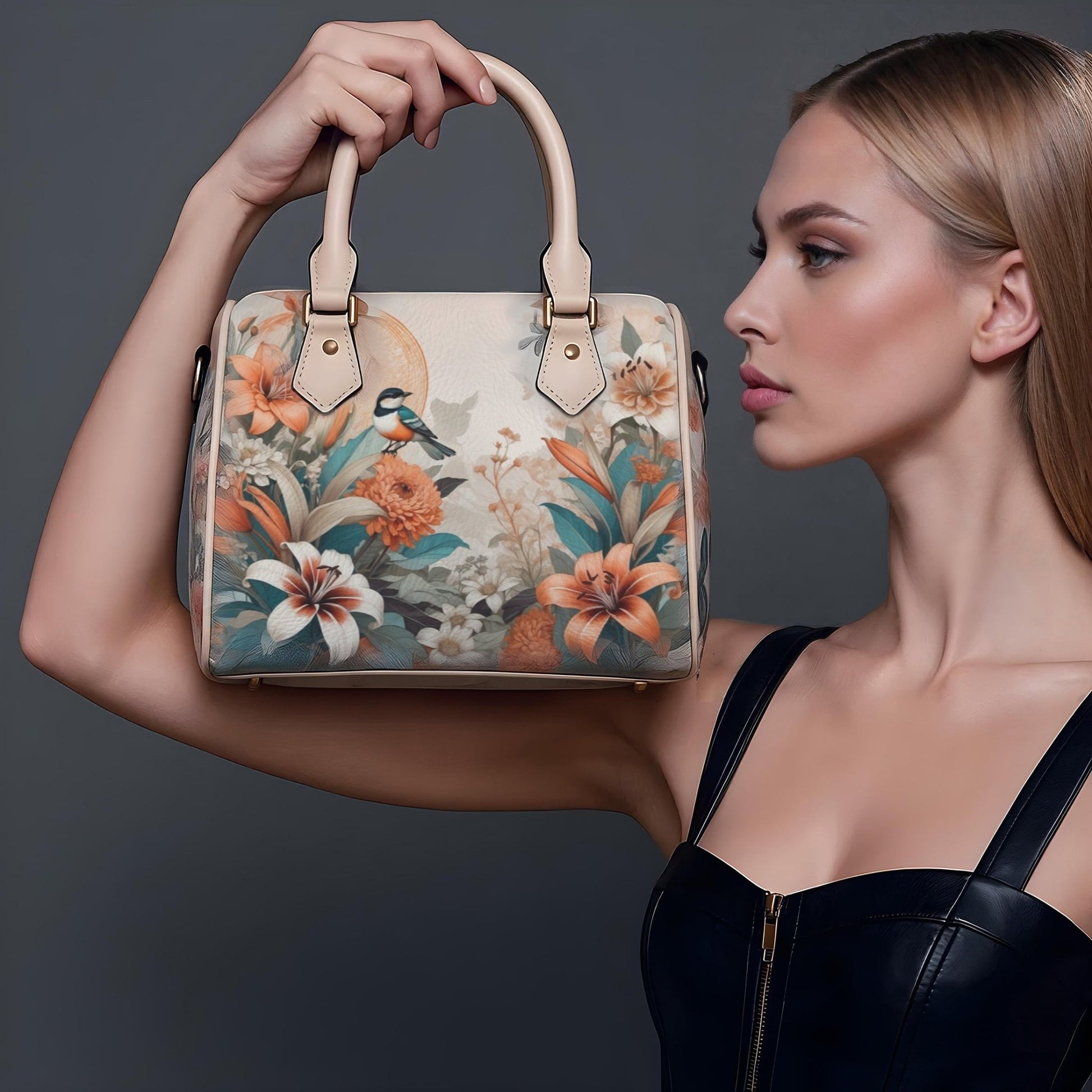 Elegant PU Leather Handbag with Floral & Bird Print - LucyKay store