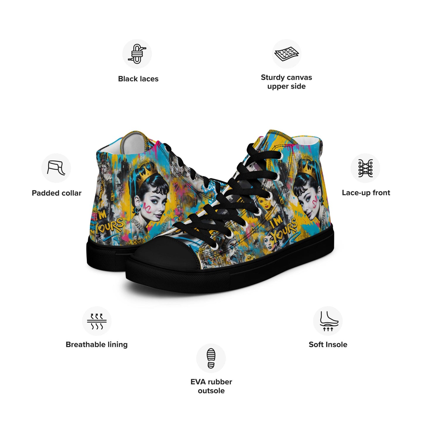 Unisex high top canvas shoes - Audrey Hepburn - LucyKay store