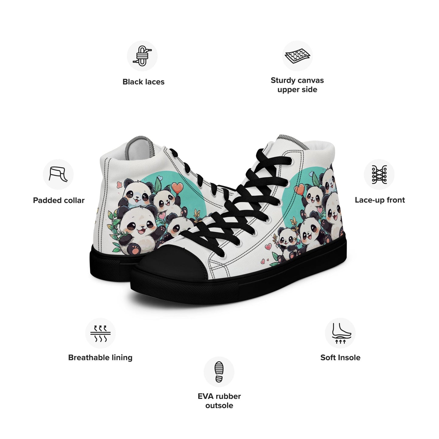 Unisex high top canvas shoes - Cute Pandas - LucyKay store